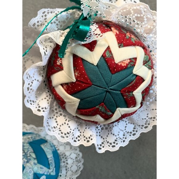 Handmade Quilted Christmas Ornaments with Lace & Ribbon Set of 6 - Picture 7 of 10